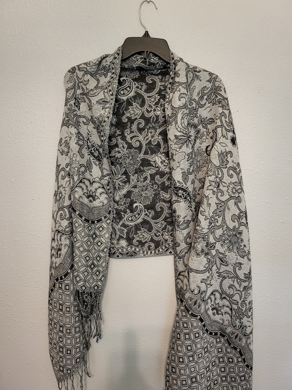 Waverly Black, White & Silver Floral Shawl